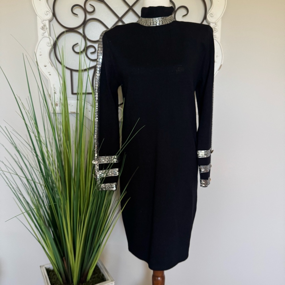 ST. JOHN Size 8 Black High Neck Knit Long Sleeve Evening Dress Sparkling Accents